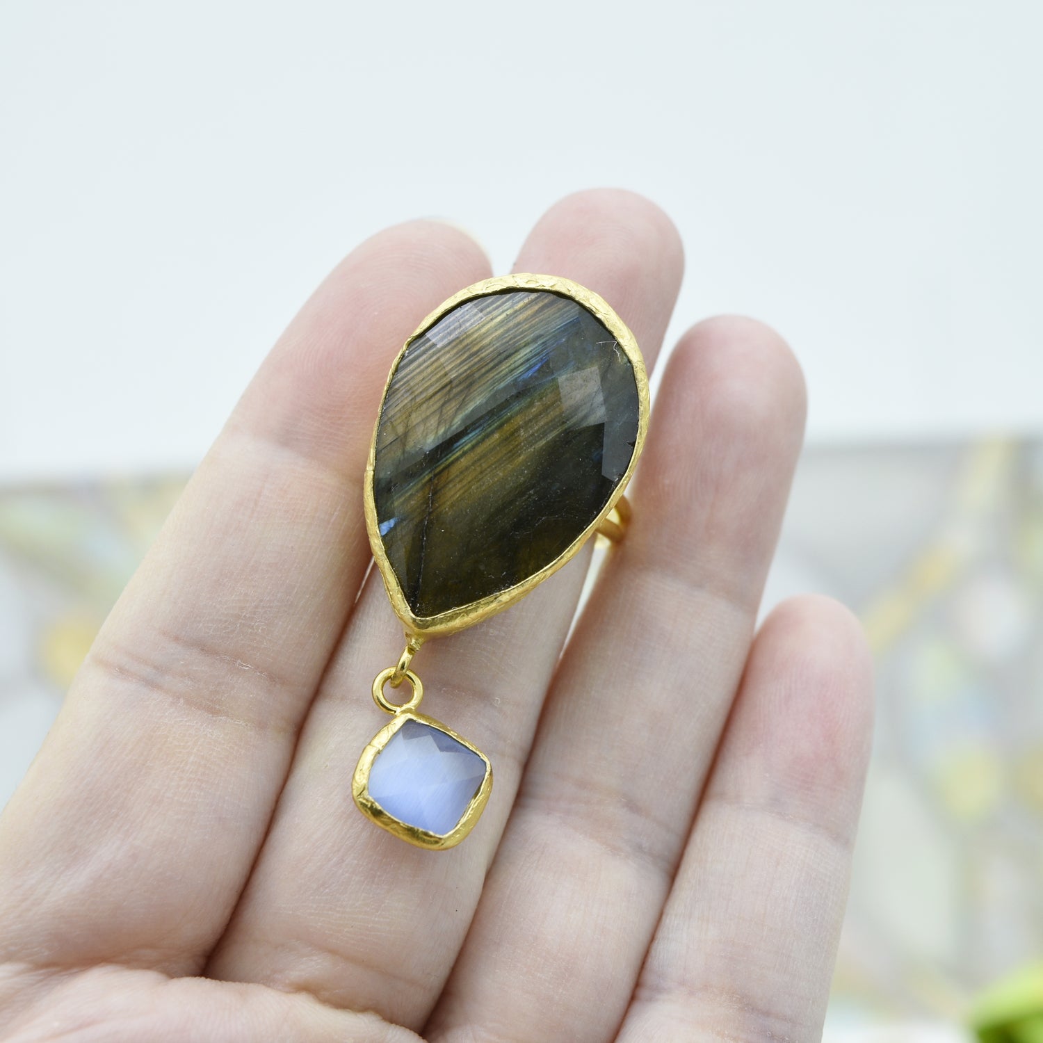 Aylas Labradorite semi precious gemstone adjustable ring - 21ct Gold plated brass