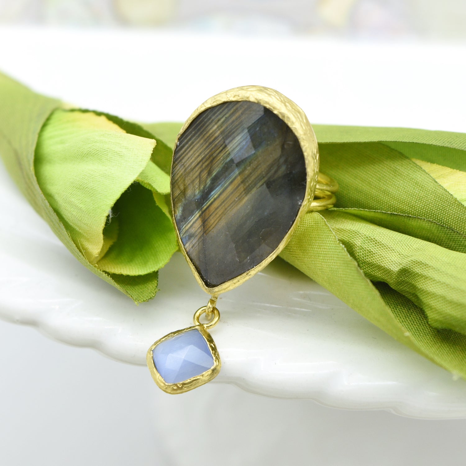 Aylas Labradorite semi precious gemstone adjustable ring - 21ct Gold plated brass