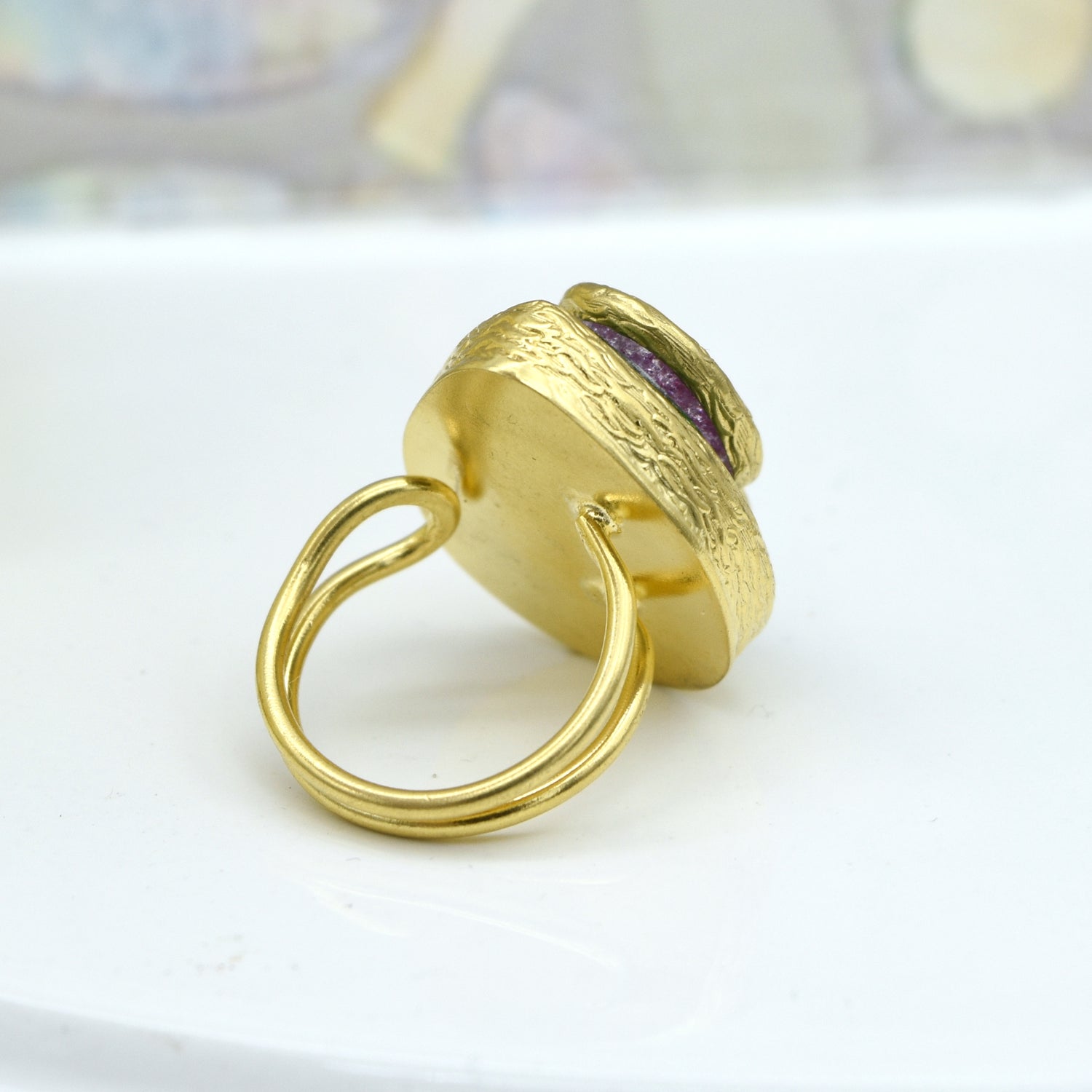 Aylas Crackled Zircon semi precious gemstone adjustable ring - 21ct Gold plated brass