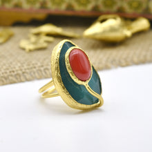 Aylas Jade, Red coral semi precious gemstone adjustable ring - 21ct Gold plated brass
