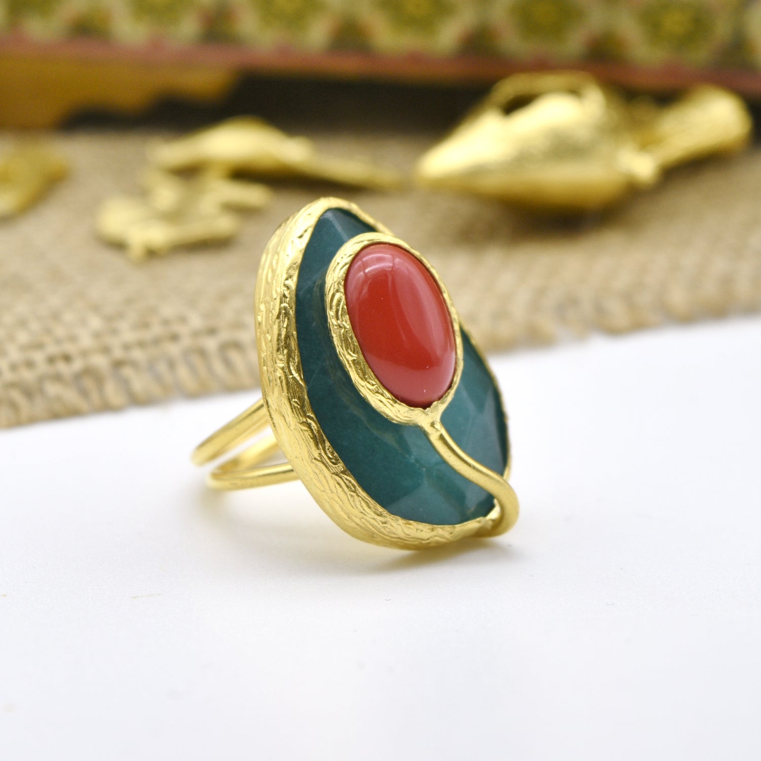 Aylas Jade, Red coral semi precious gemstone adjustable ring - 21ct Gold plated brass