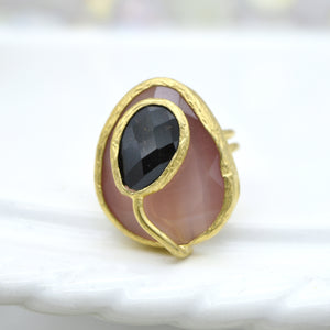 Aylas Cat eye , Gold stone semi precious gemstone adjustable ring - 21ct Gold plated brass