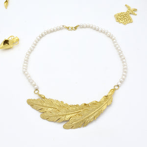 Aylas Pearl  Feathers Necklace - 21ct Gold plated semi precious gemstone - Handmade