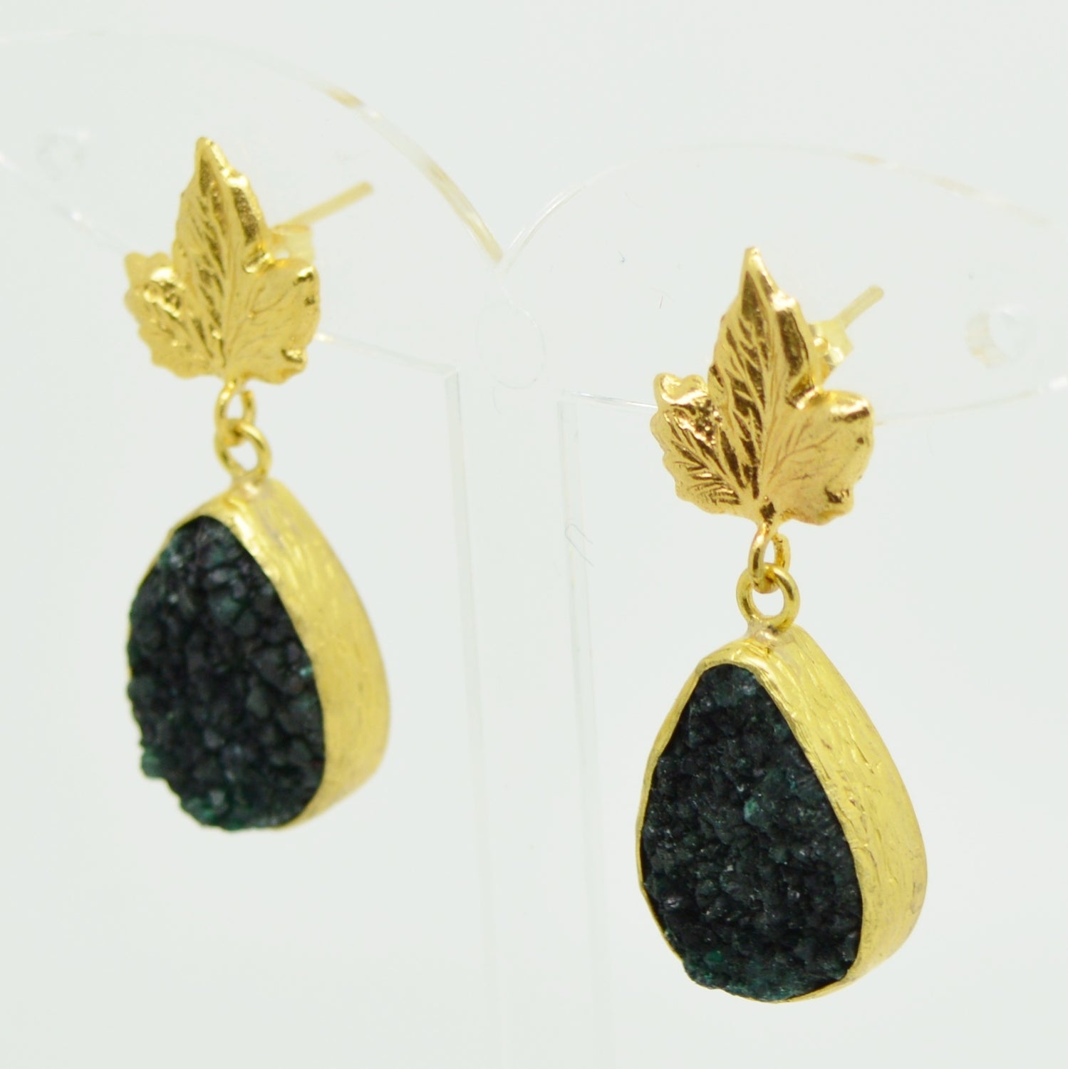 Aylas gold plated semi precious gem stone leaf earrings Druzy Chalcedony - Ottoman Handmade Jewellery Hand Made Gold Plated