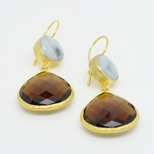 Aylas gold plated semi precious gem stone earrings Agate Smoky quartz - Ottoman Handmade Jewellery Hand Made Gold Plated