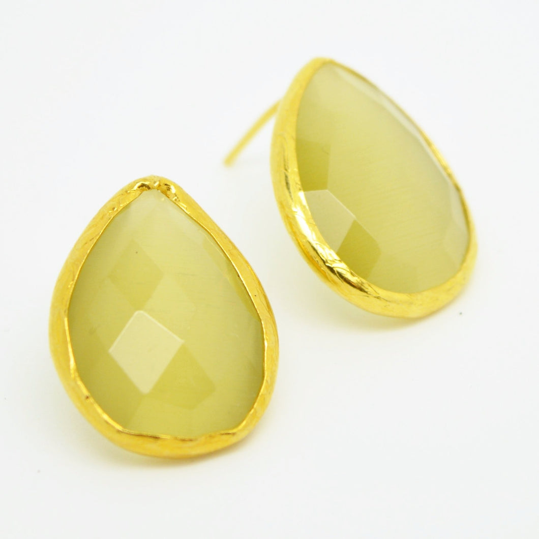 Aylas Cat eye studs earrings - 21ct Gold plated semi precious gemstone - Handmade in Ottoman Style by Artisan