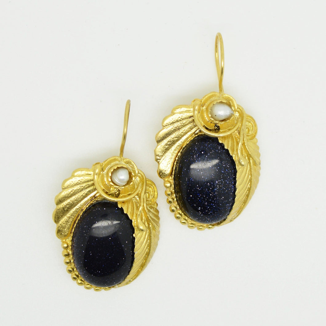 Aylas Blue Goldstone earrings - 21ct Gold plated semi precious gemstone - Handmade in Ottoman Style by Artisan