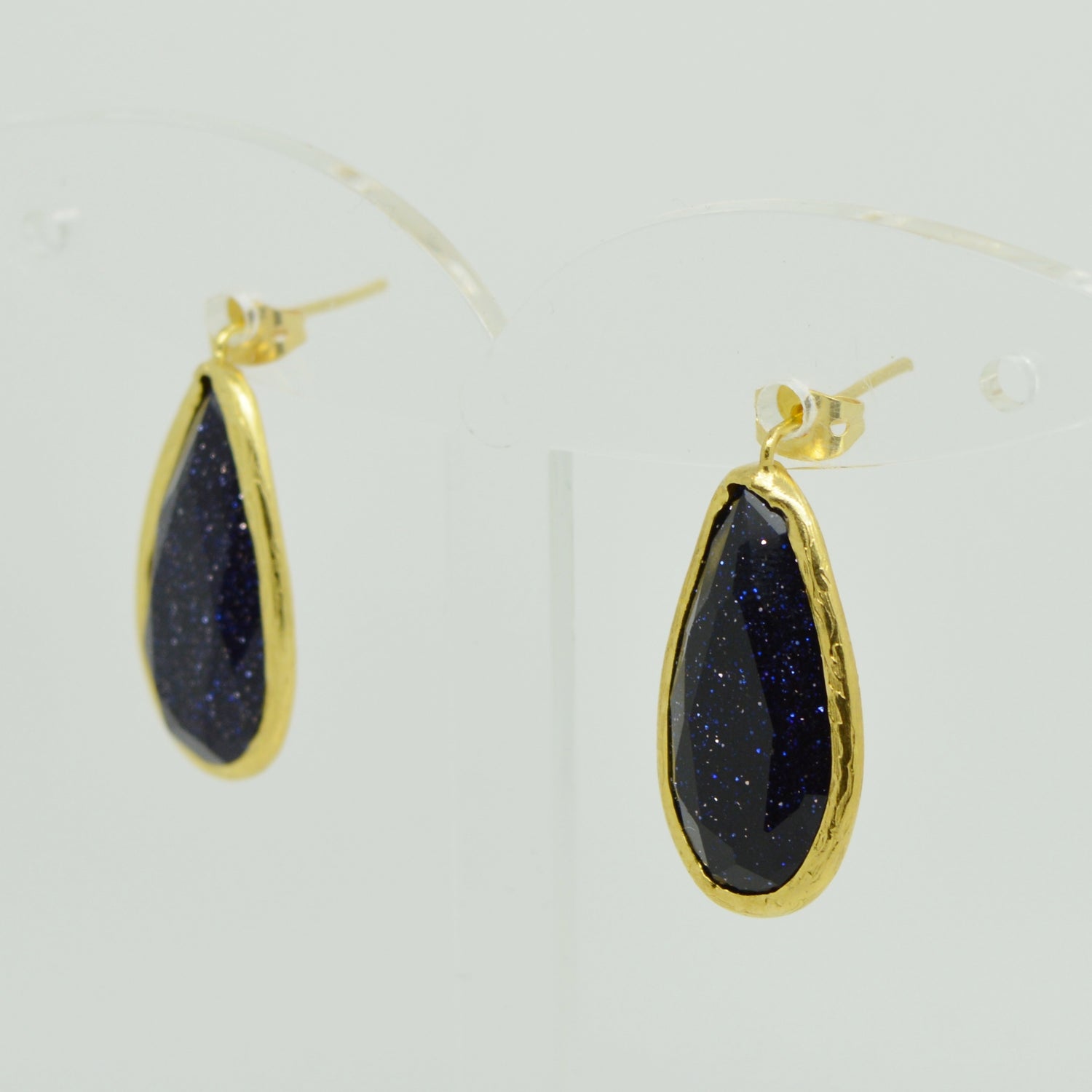 Aylas gold plated semi precious gem stone earrings teardrop Blue gold stone - Ottoman Handmade Jewellery Hand Made Gold Plated