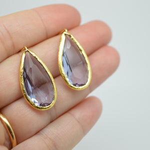 Aylas gold plated semi precious gem stone earrings teardrop purple Quartz crystal - Ottoman Handmade Jewellery Hand Made Gold Plated