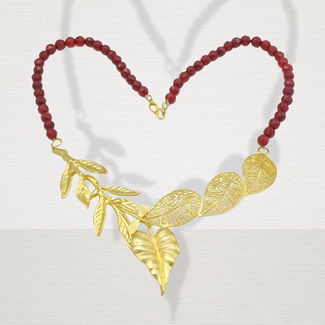 Aylas Red Carnelian leaf Necklace - 21ct Gold plated semi precious gemstone - Handmade